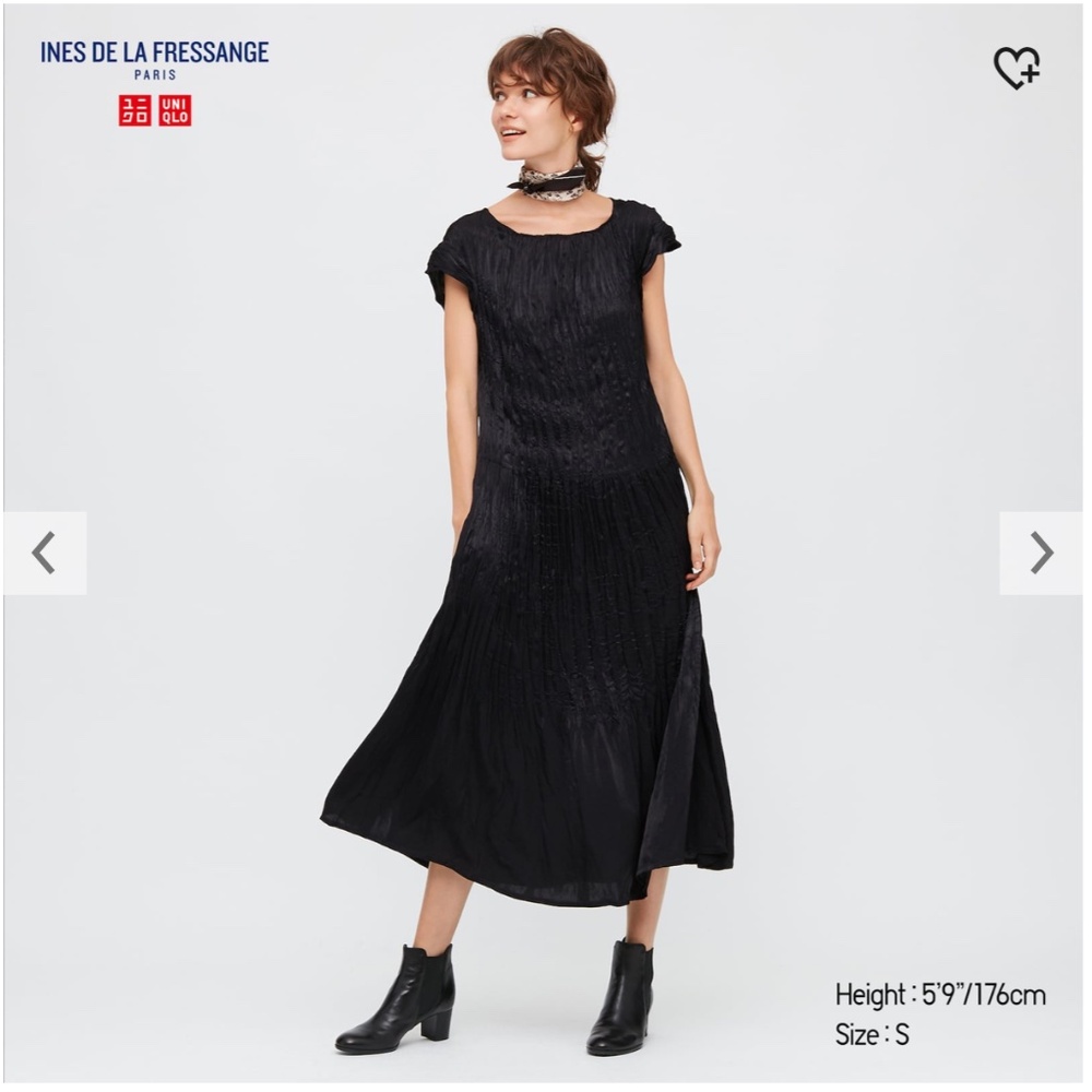 Uniqlo Ines de la Fressange black satin twist pleated short sleeve dress NWT
